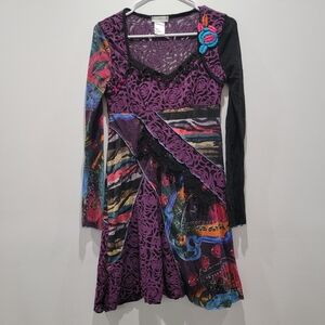 Farinelli Long Sleeve Dress with Multicolor Patterns Sz S